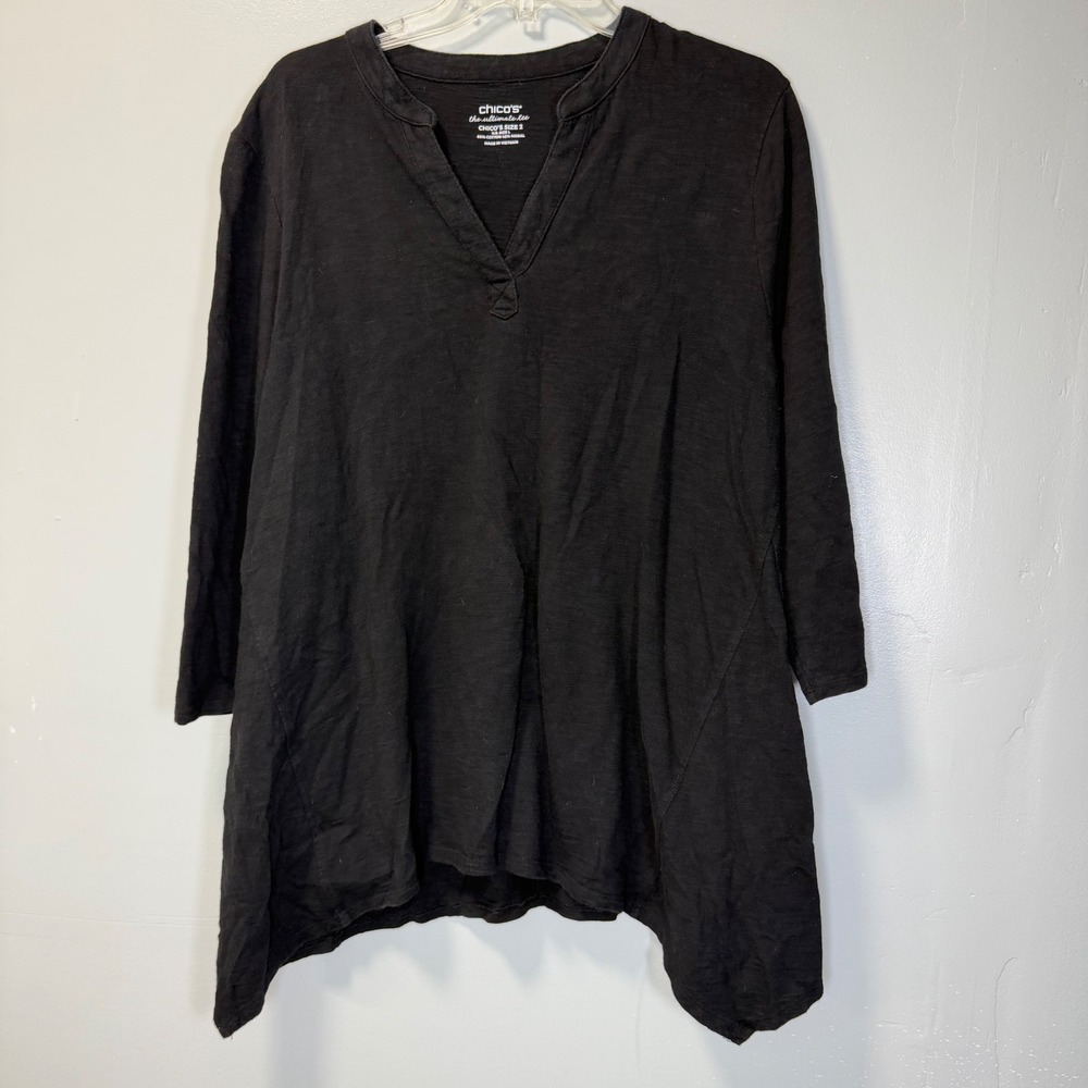 Chicos The Ultimate Tee Black Split V-Neck 3/4 Sleeve Sharkbite Hem Tunic Size L